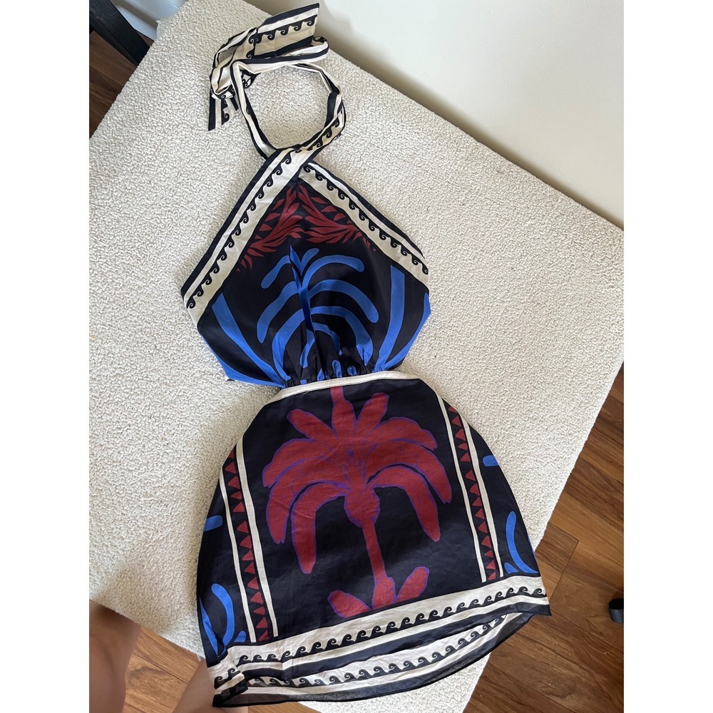 Fashion Nova Tropical Palm Print Halter Cutout Mini Dress Black  Boho‎ Summer L